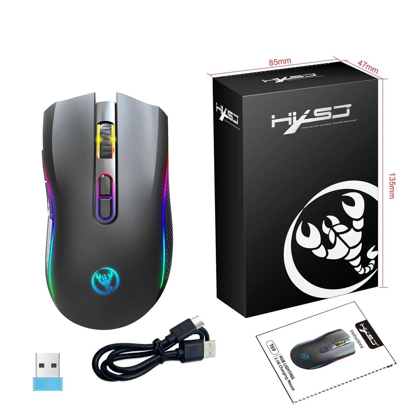 Wireless Rechargeable 2.4G Gaming Mouse RGB Light DPI Adjustable