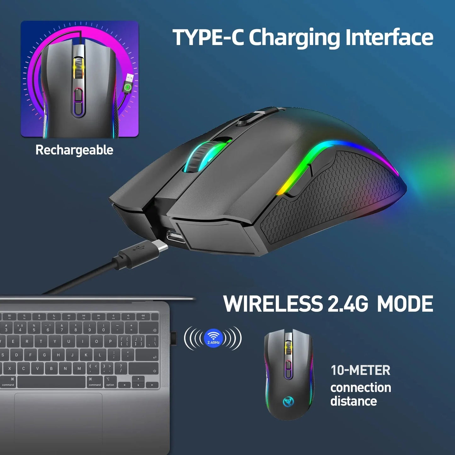 Wireless Rechargeable 2.4G Gaming Mouse RGB Light DPI Adjustable